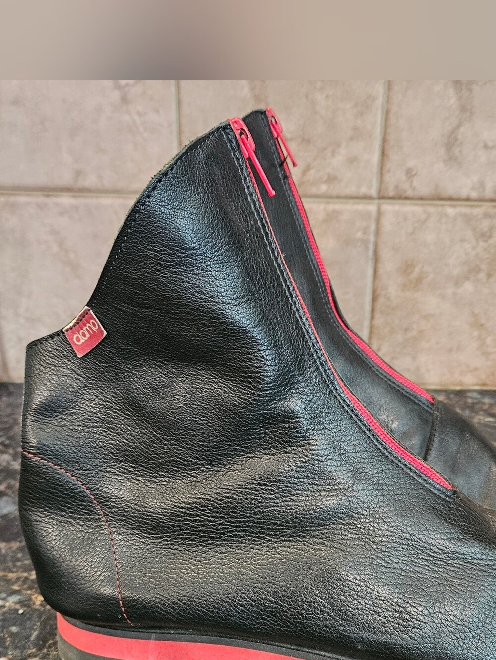 Clamp Black Leather Ankle Boots with Red Zipper Accents Size 39